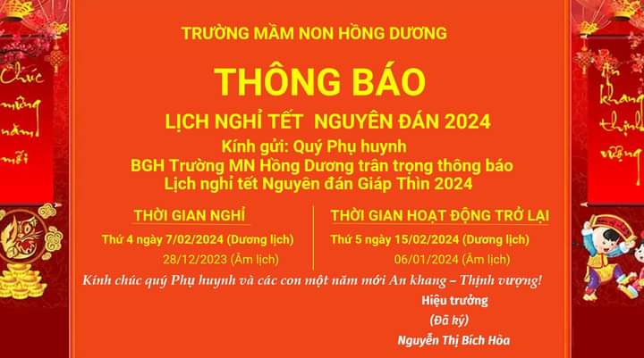 THÔNG BÁO LỊCH NGHỈ TẾT NGUYÊN ĐÁN NĂM 2024